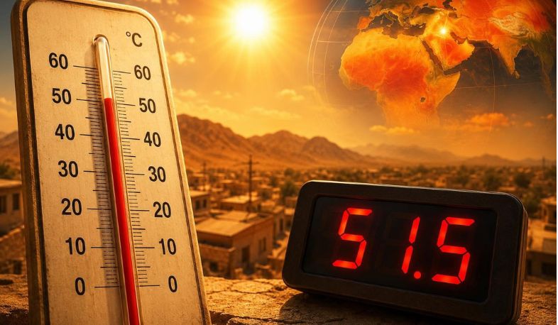 Термометр показывает 51,5 градуса в тени на фоне пустынного пейзажа в Иране