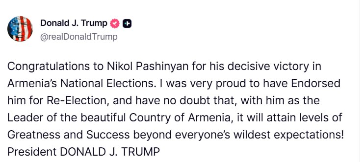 Дональд Трамп поздравил Пашиняна с победой на выборах в Армении